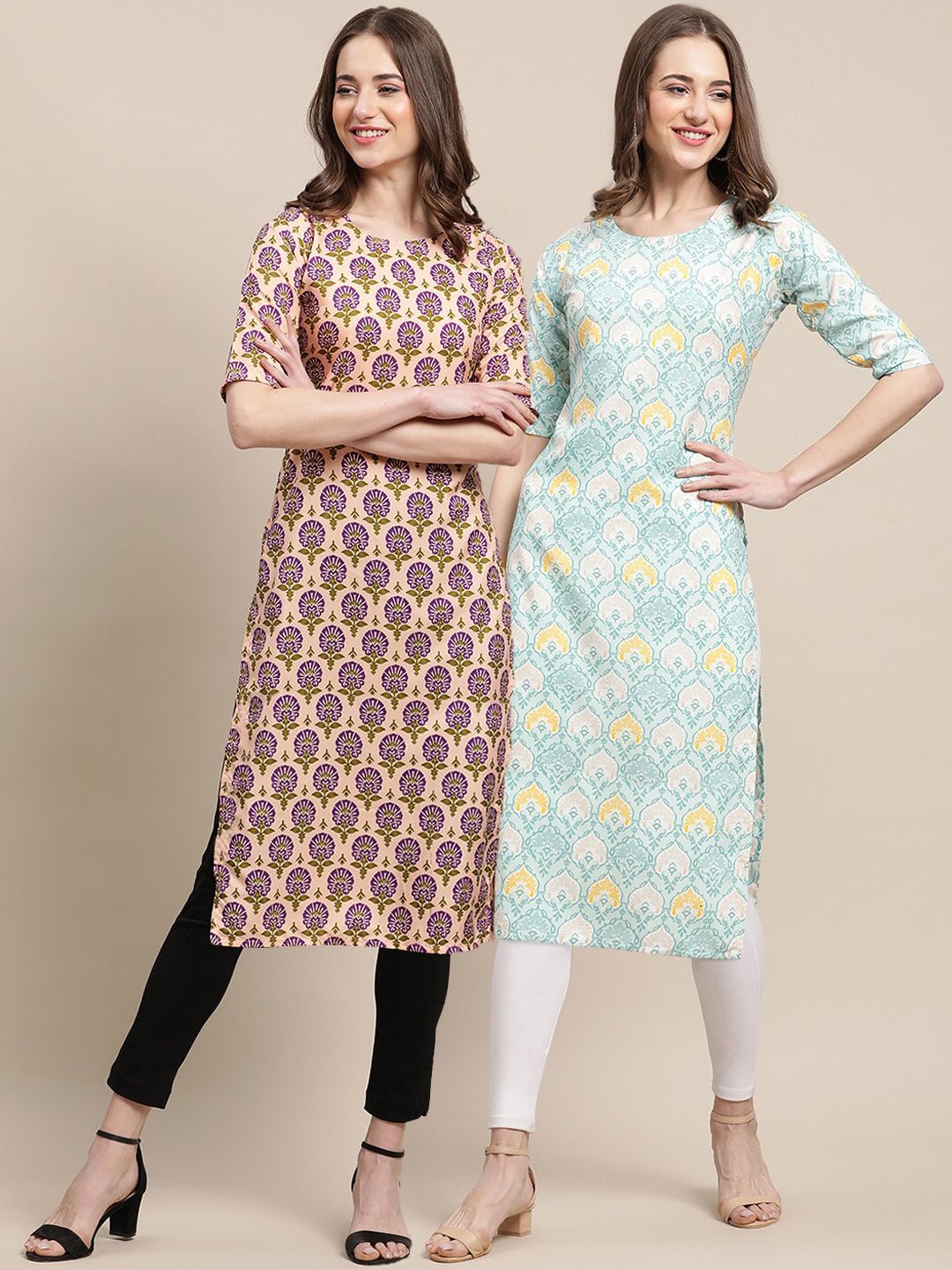 7threads KALINI Women Pack Of 2 Beige & Blue Floral Crepe Kurta-picture-11