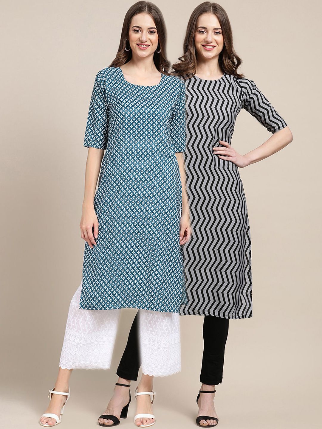 7threads KALINI Women Pack of 2 Blue & Black Printed Crepe Kurta-picture-13