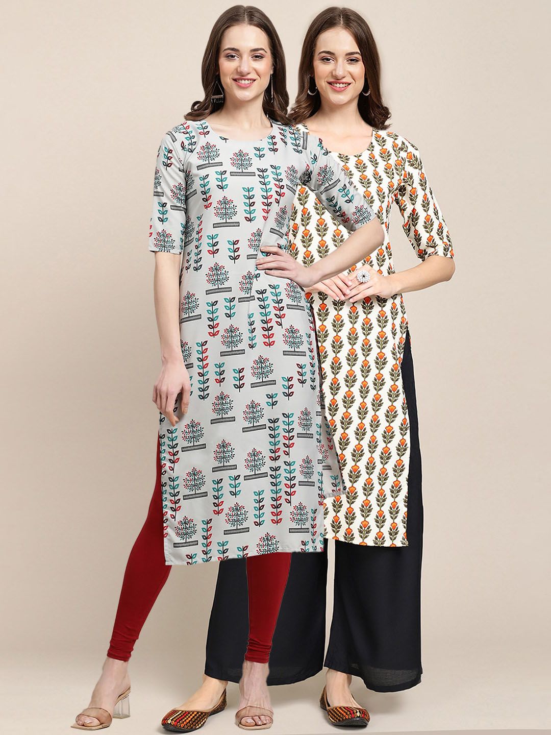 7threads KALINI Women Pack of 2 Grey & Cream-Coloured Ethnic Motifs Printed Crepe Kurta-picture-21