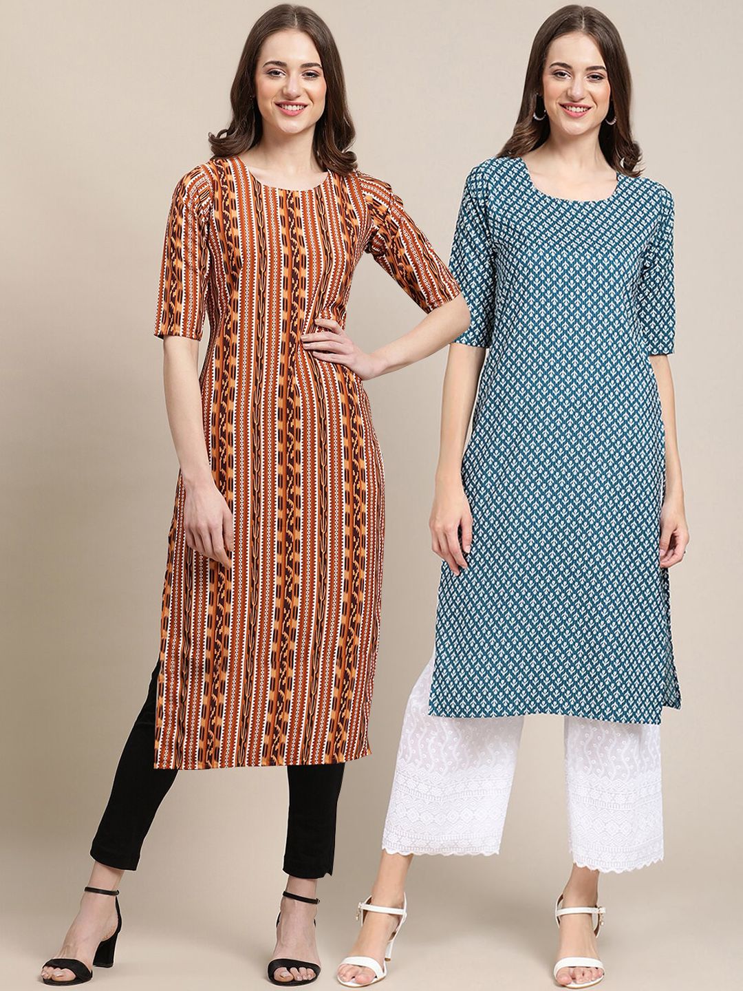 7threads KALINI Women Pack of 2 Brown & Blue Ethnic Motifs Printed Crepe Kurta-picture-33