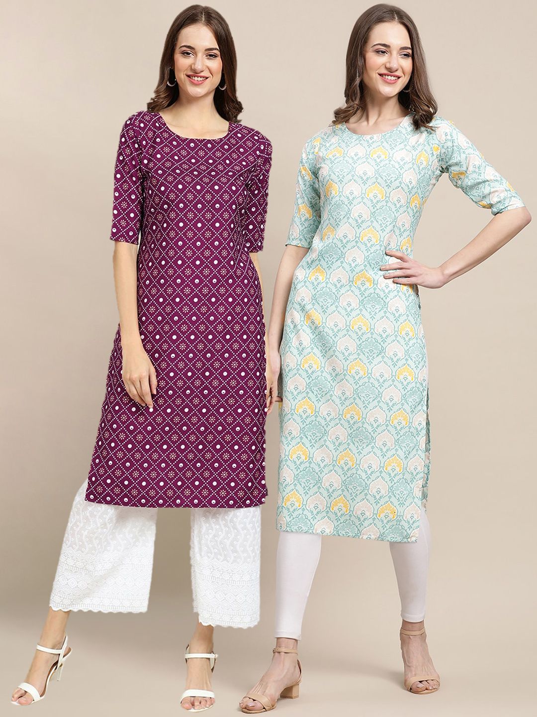 7threads KALINI PACK OF 2 Women Purple & Blue Ethnic Motifs Printed Summer Sheers Crepe Kurta-picture-31