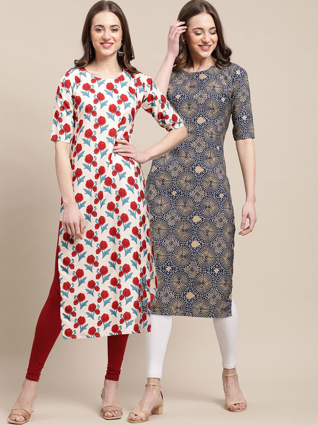 7threads KALINI Women Pack of 2 Red & Blue Geometric Printed Summer Sheers Crepe Kurtas-picture-15