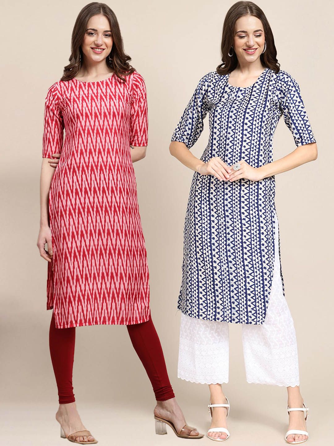 7threads KALINI Women Pack of 2 Blue & Red Printed  Straight Crepe Kurta-picture-37