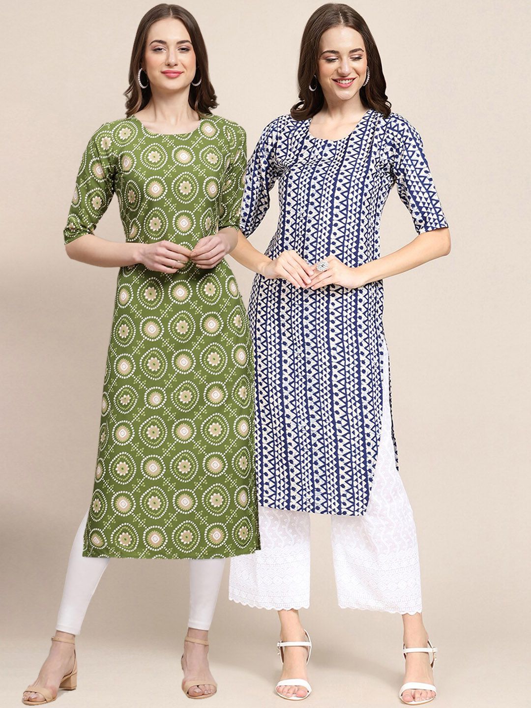 7threads KALINI Women Pack of 2 Green & Blue Ethnic Motifs Printed Summer Sheers Crepe Kurtas-picture-10