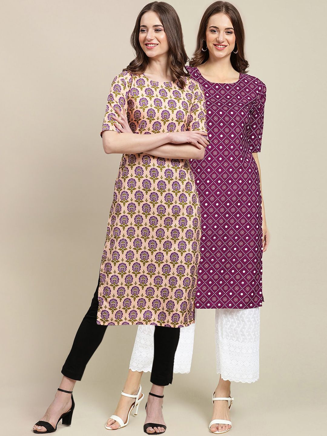 7threads KALINI Women Pack of 2 Purple & Peach-Coloured Ethnic Motifs Printed Crepe Kurta-picture-38