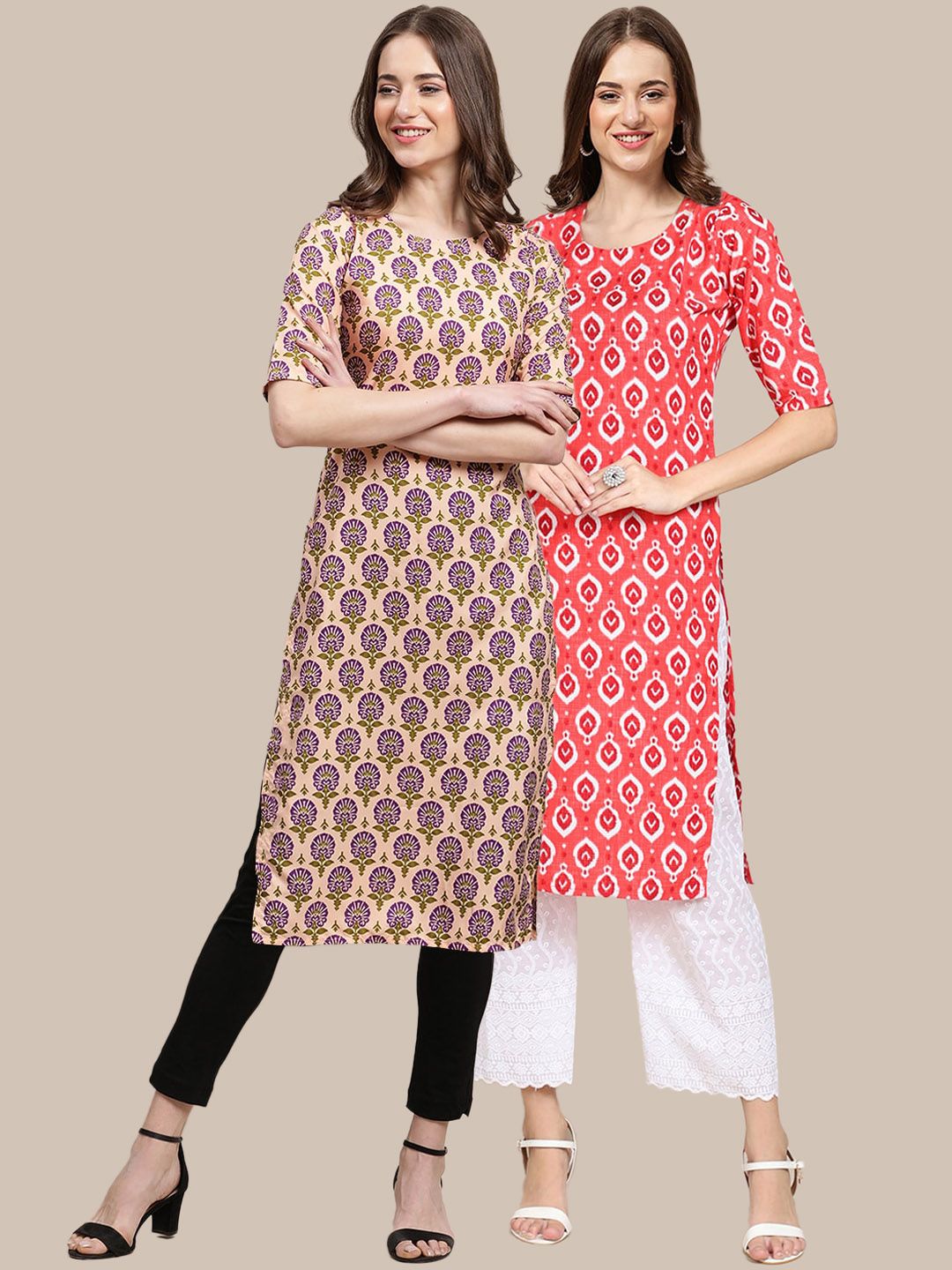 7threads KALINI Women Pack of 2 Peach-Coloured & Pink Ethnic Motifs Printed Summer Sheers Crepe Kurta-picture-32