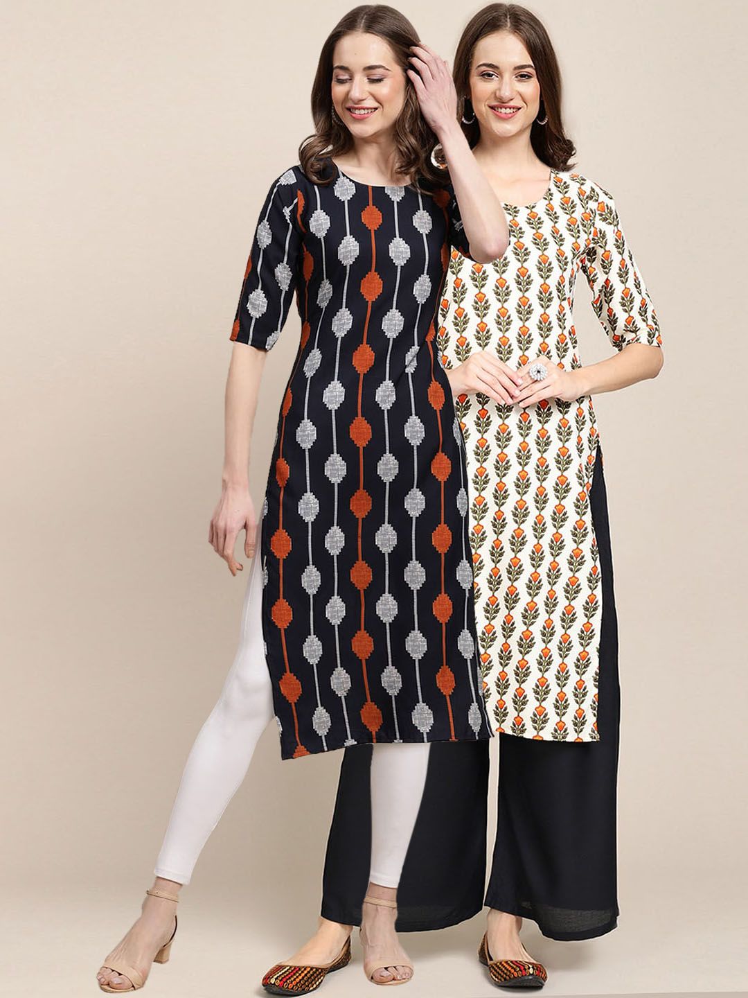7threads KALINI Women Black & Off White Set Of 2 Ethnic Motifs Printed Crepe Kurta-picture-29