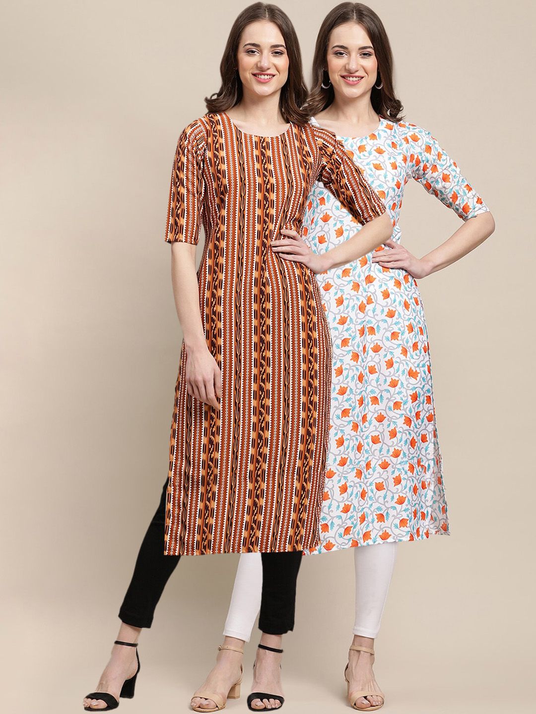 7threads KALINI Women's Crepe Brown & Off White Color Floral Printed Straight Kurta (PACK OF 2)-picture-11