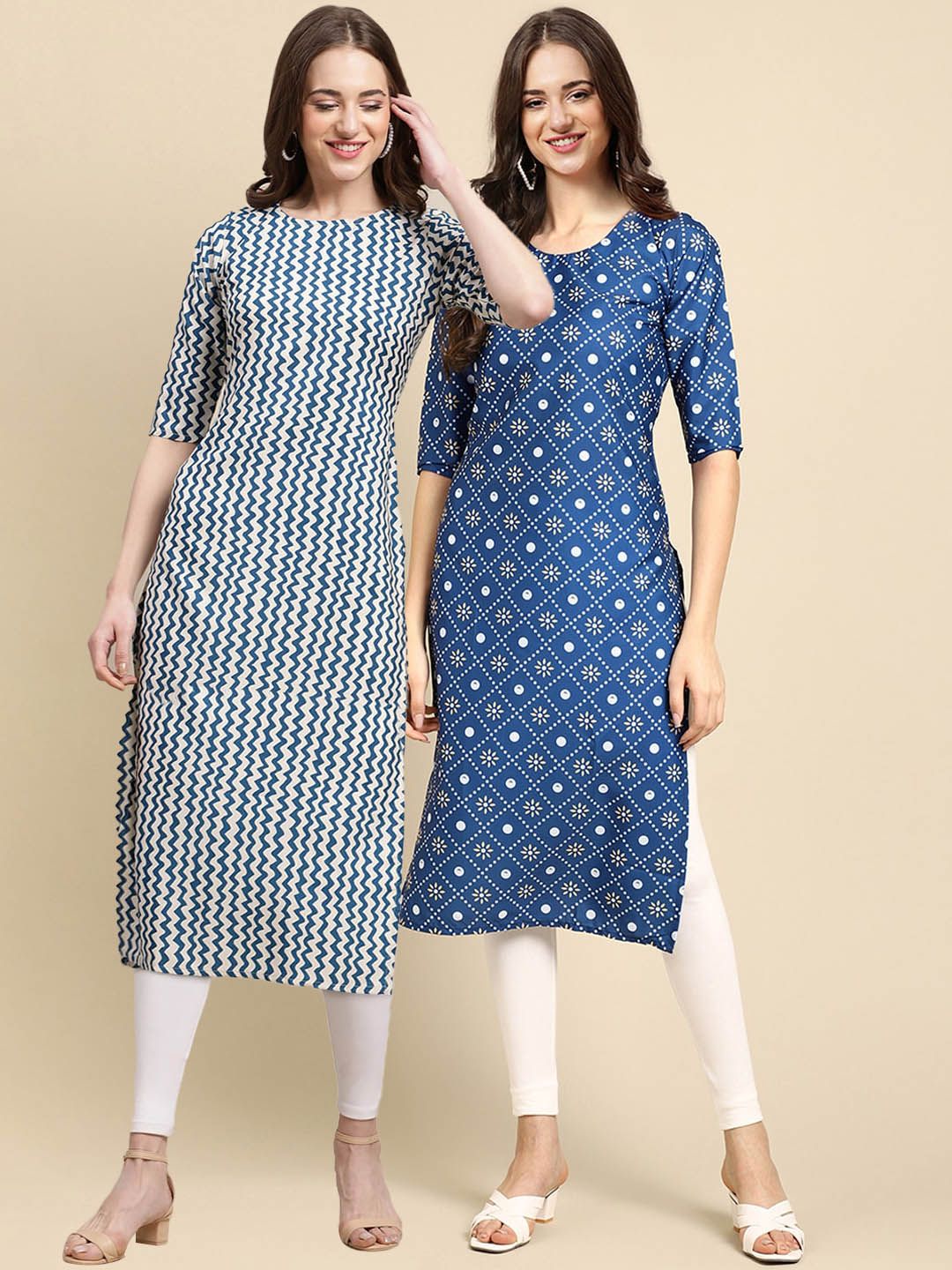 7threads KALINI Women Pack of 2 Blue & White Geometric Printed Crepe Kurta-picture-30