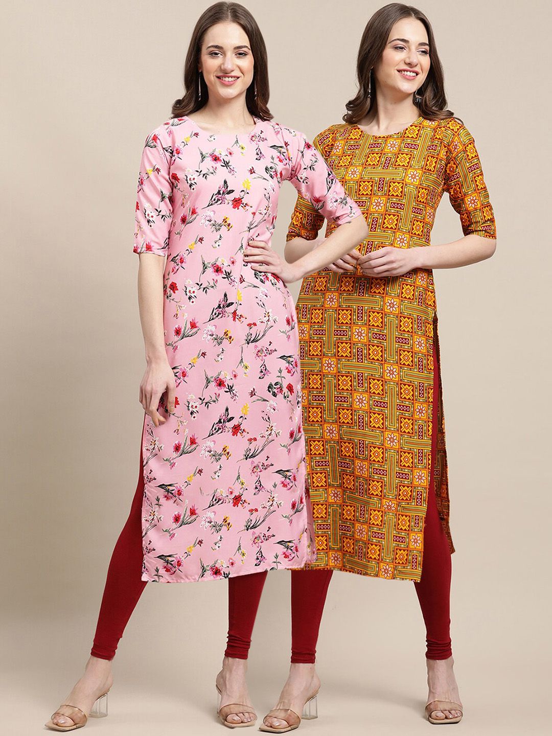 7threads KALINI Women Pack of 2 Pink & Mustard Yellow Printed Crepe Kurtas-picture-25