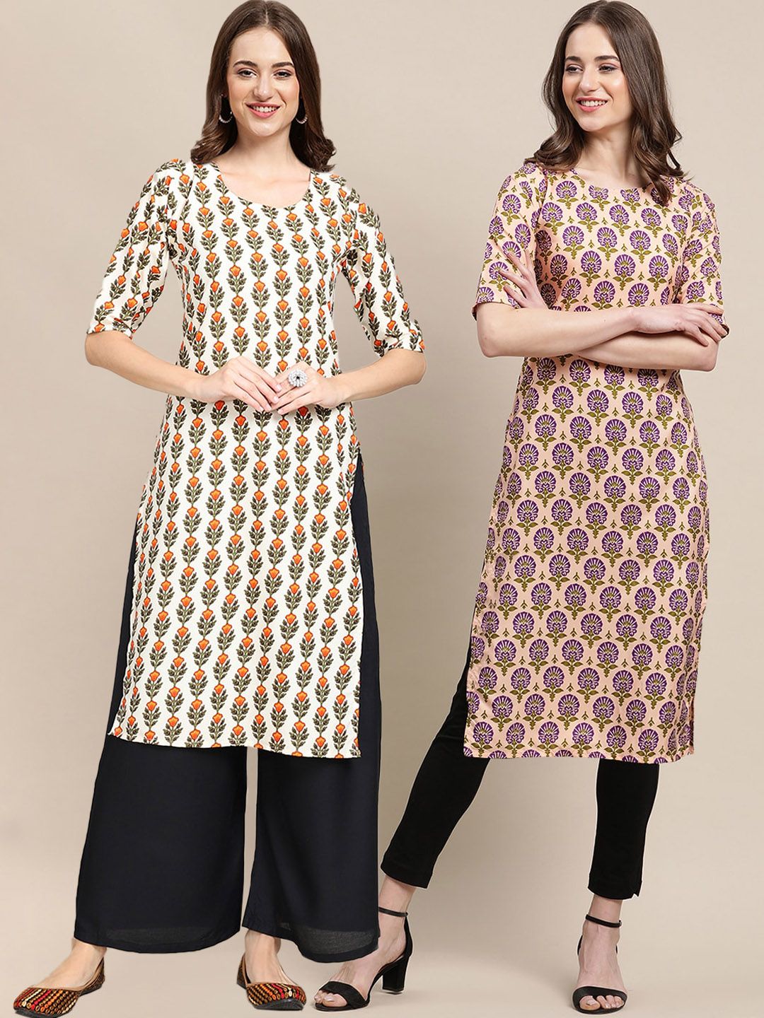 7threads KALINI Women Pack Of 2 Off White & Beige Ethnic Motifs Printed Summer Sheers Crepe Kurta-picture-38