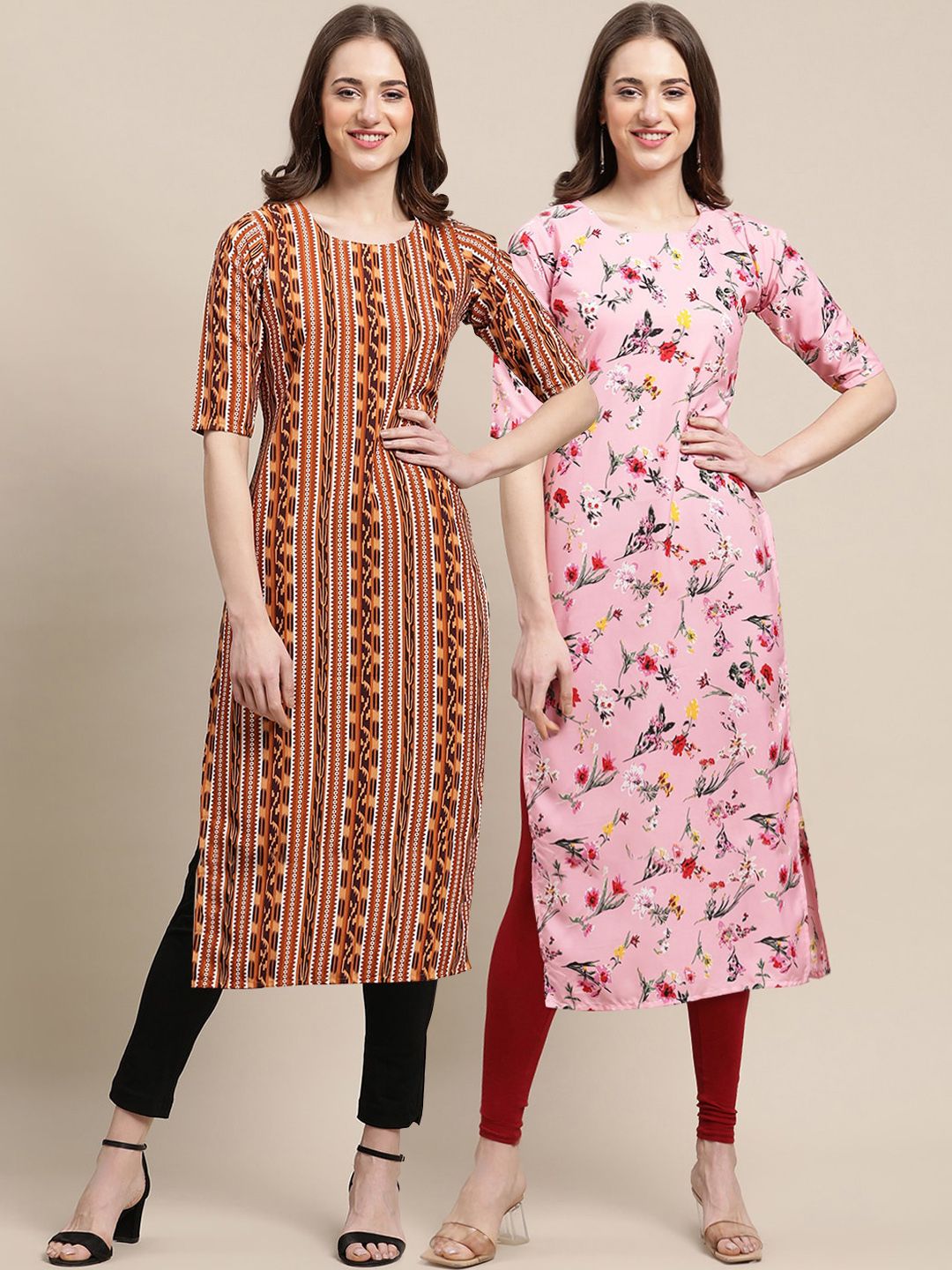 7threads KALINI Women Pack Of 2 Pink & Red Floral Printed Summer Sheers Crepe Kurta-picture-32