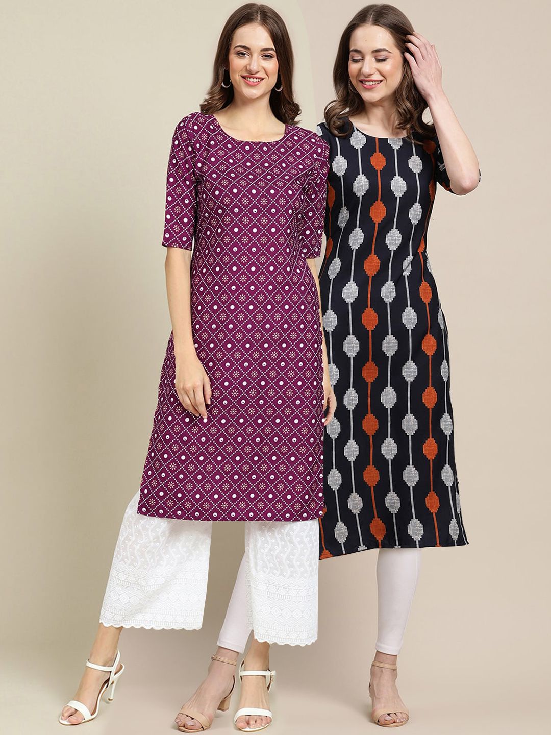 7threads KALINI Pack Of 2 Women Black & Purple Ethnic Motifs Printed Straight  Crepe Kurta-picture-21