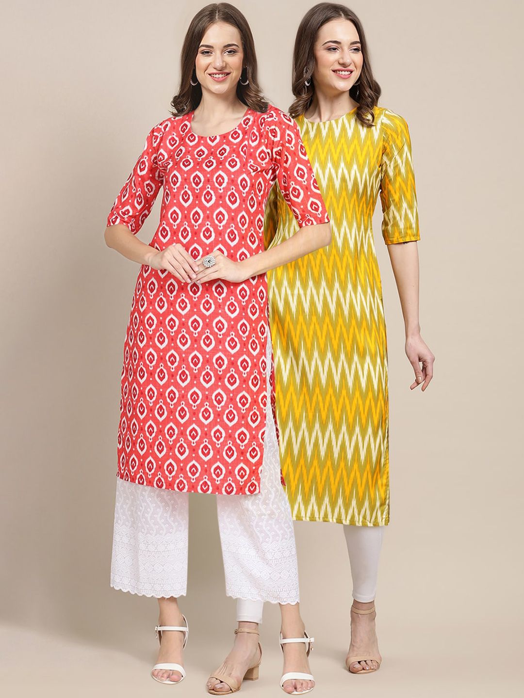 7threads KALINI Women Pink & Yellow Pack Of 2 Geometric Printed Crepe Kurta-picture-18