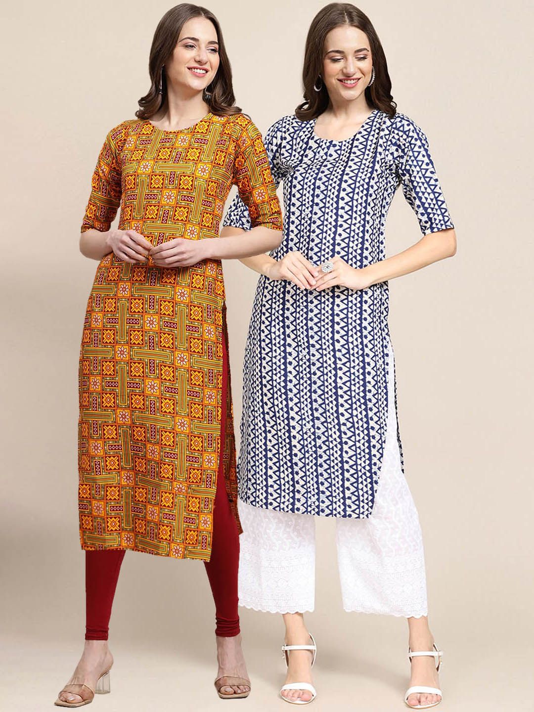 7threads KALINI PACK OF 2 Women Mustard Ethnic Motifs Printed Block Print Handloom Crepe Kurta-picture-0
