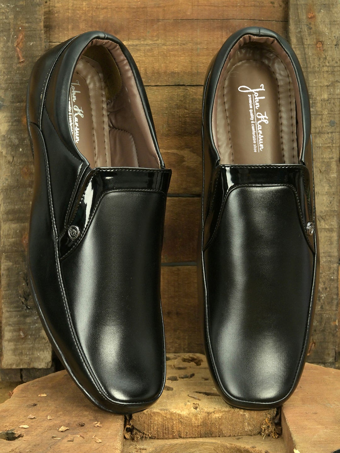 John Karsun Men Black Solid Synthetic Leather Formal Slip-On Shoes