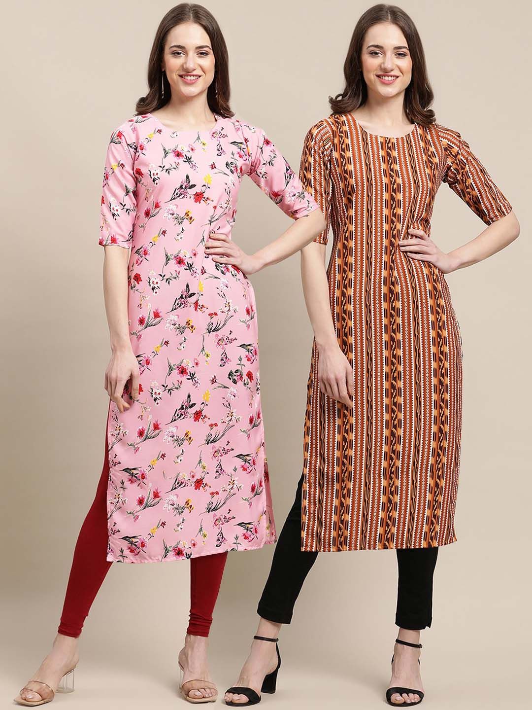 7threads KALINI Women Pink & Brown Geometric Printed Block Print Handloom Crepe Kurta-picture-19