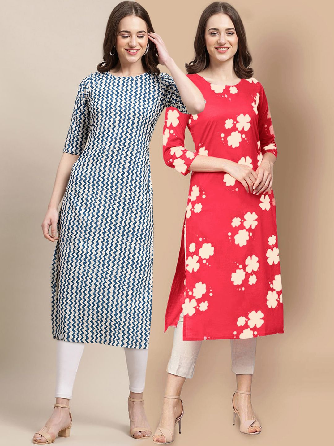 7threads KALINI Women Pack Of 2 Blue & Red Floral Printed Crepe Kurta-picture-25