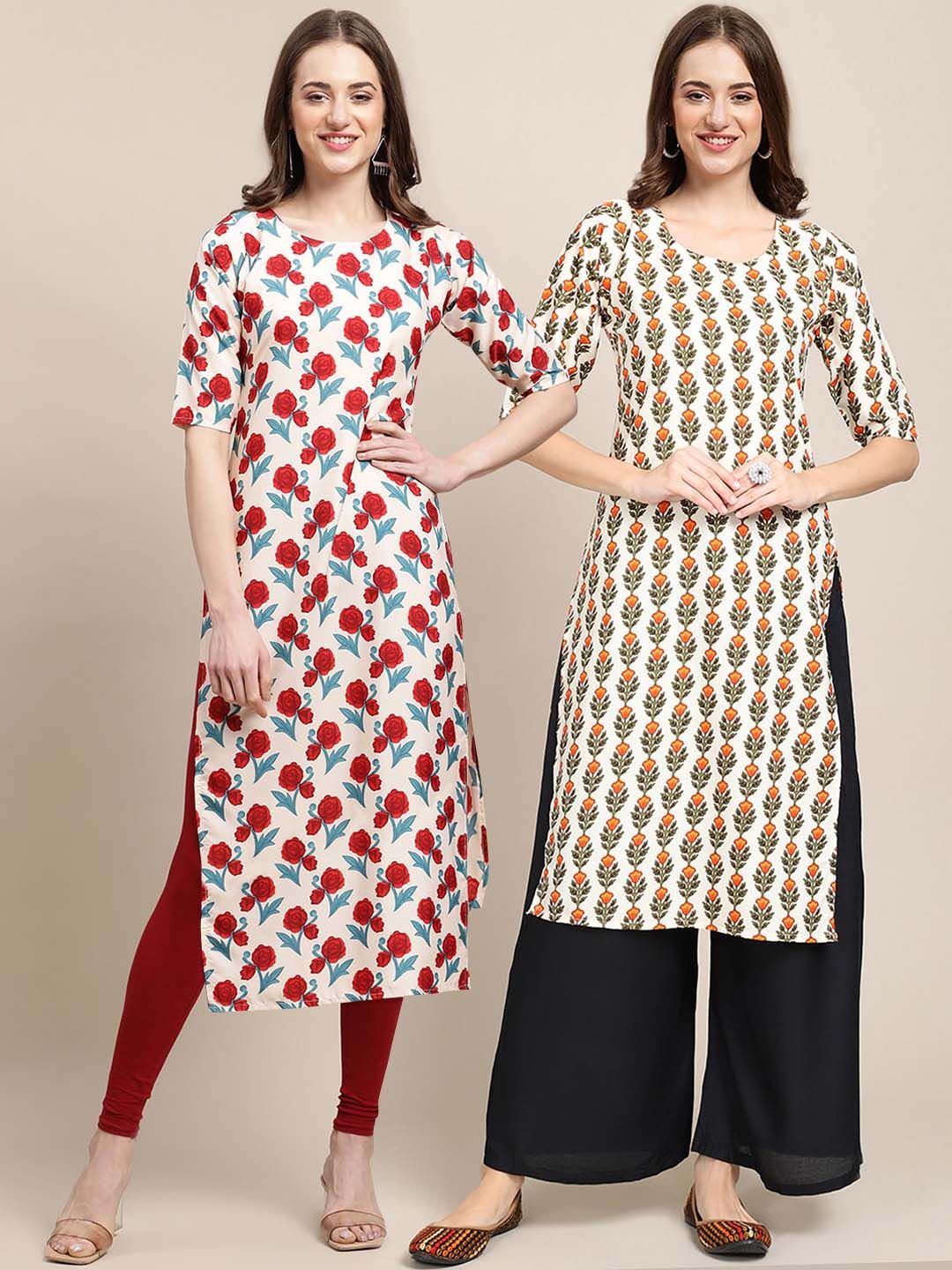 7threads KALINI Women Pack of 2 Cream-Coloured & Beige Ethnic Motifs Printed Handloom Crepe Kurta-picture-30