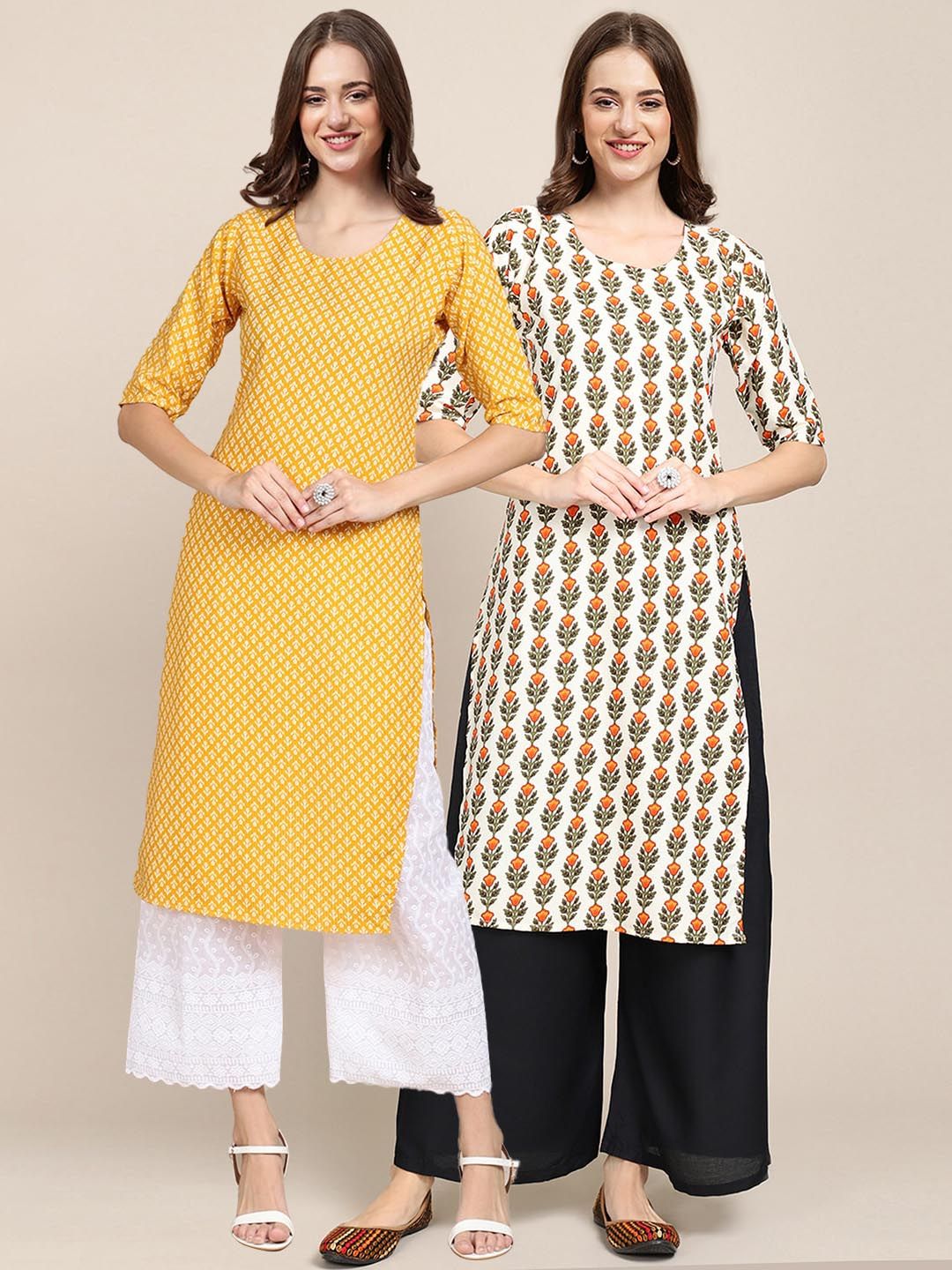 7threads KALINI Women Set Of 2 Yellow & White Floral Printed Crepe Kurta-picture-38