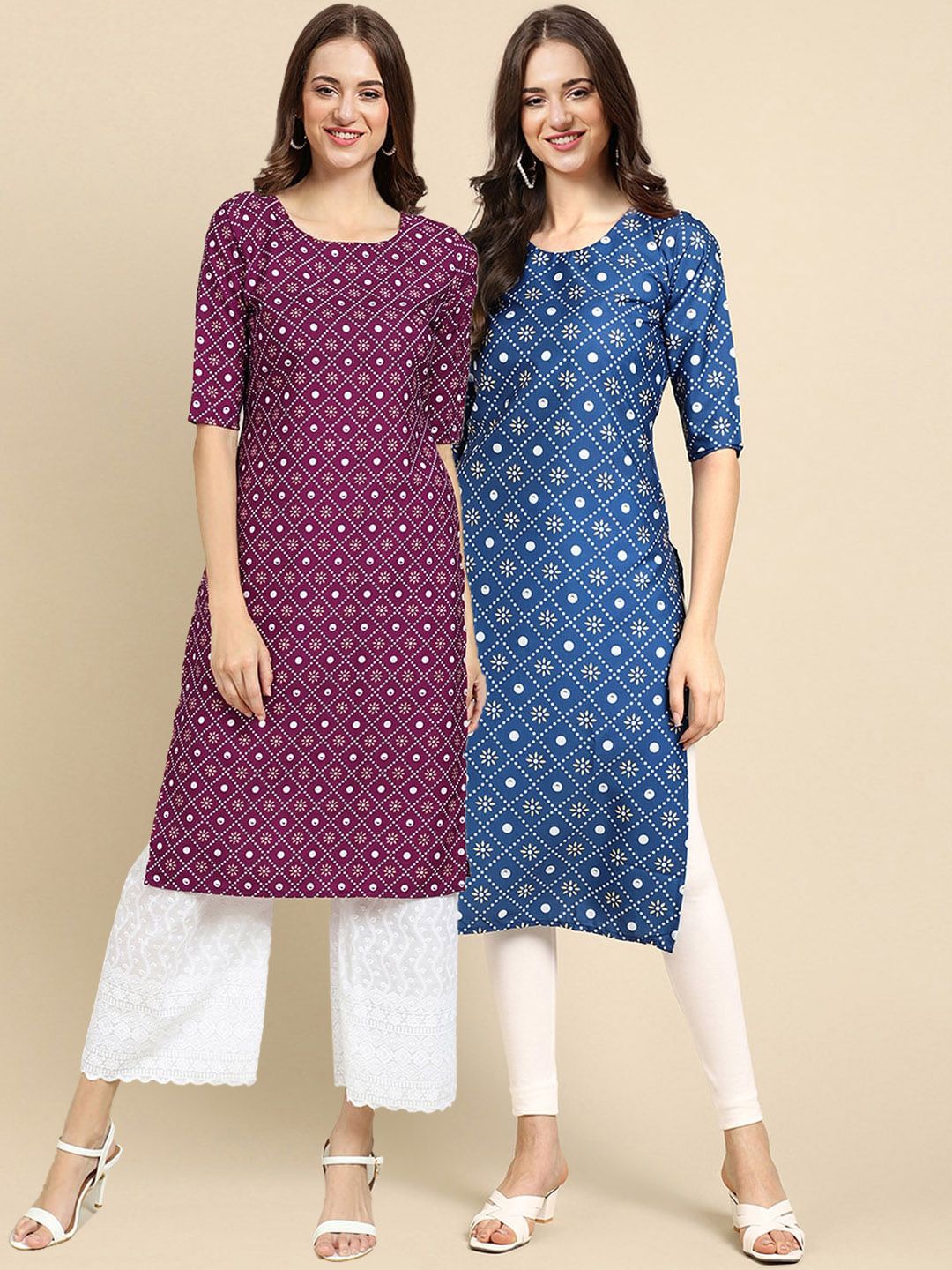 7threads KALINI Women Blue & Violet Pack Of 2 Geometric Printed Block Print Crepe Kurta-picture-17