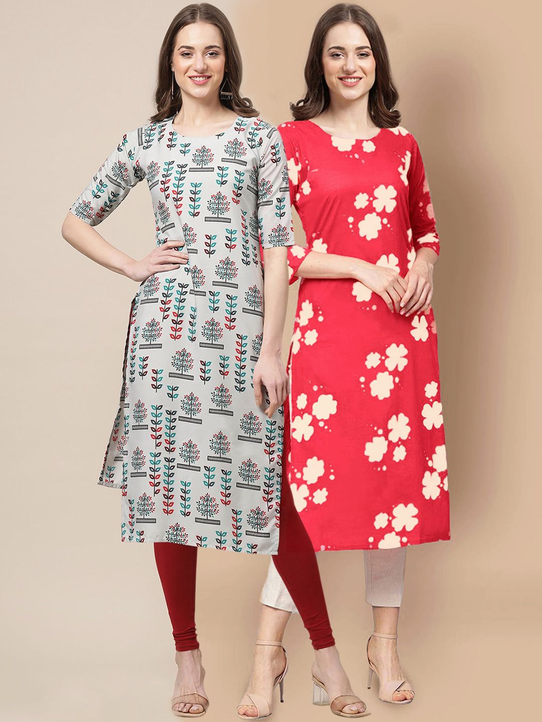 7threads KALINI Women Pack of 2 Beige & Red Printed  Straight Crepe Kurta-picture-27
