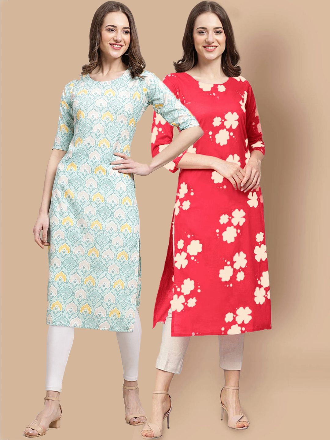 7threads KALINI Women Pack of 2 Blue & Red Floral Printed Block Print Handloom Crepe Kurta-picture-10