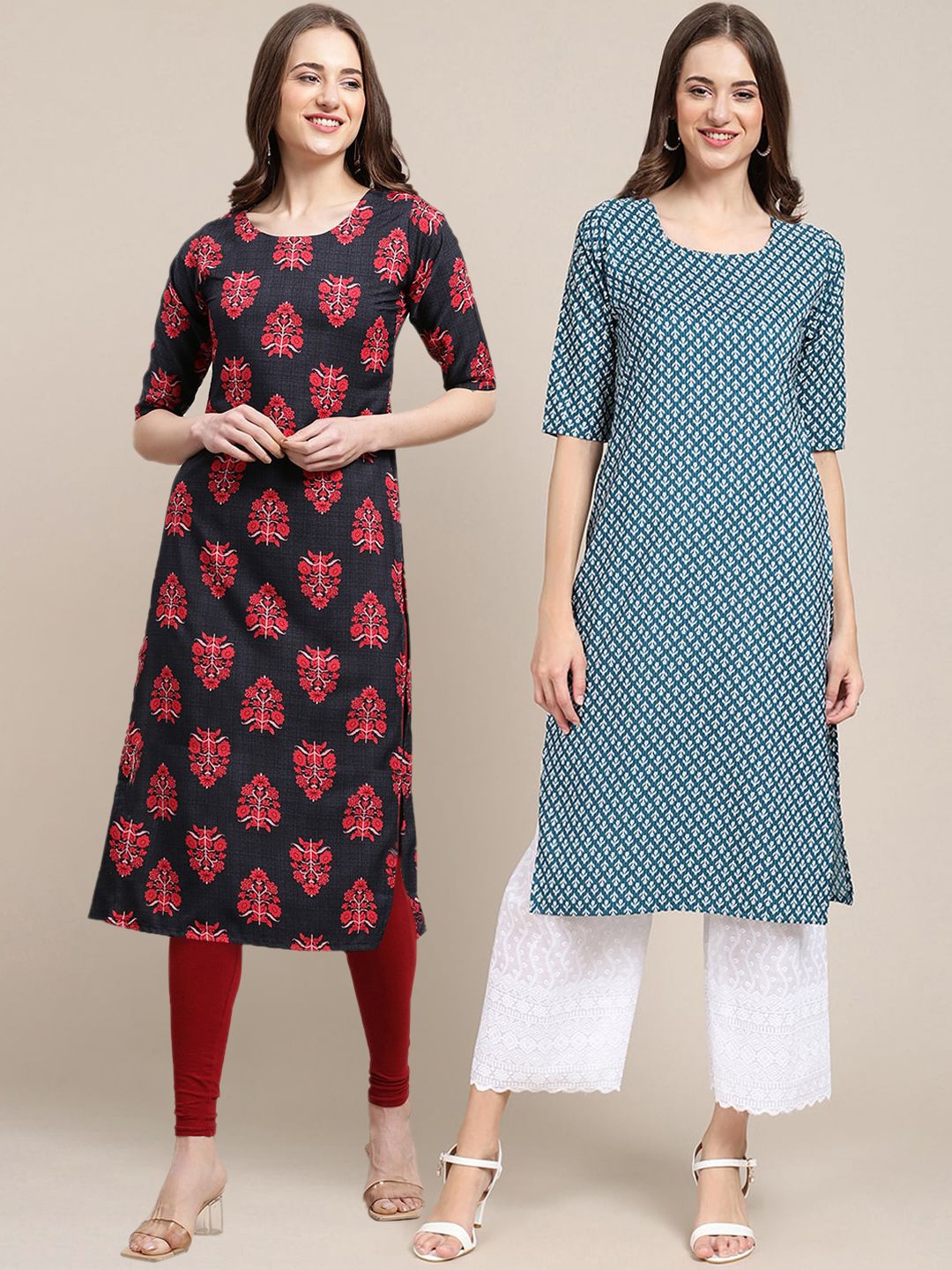 7threads KALINI Women Pack of 2 Black & Blue Ethnic Motifs Striped Crepe Kurta-picture-16