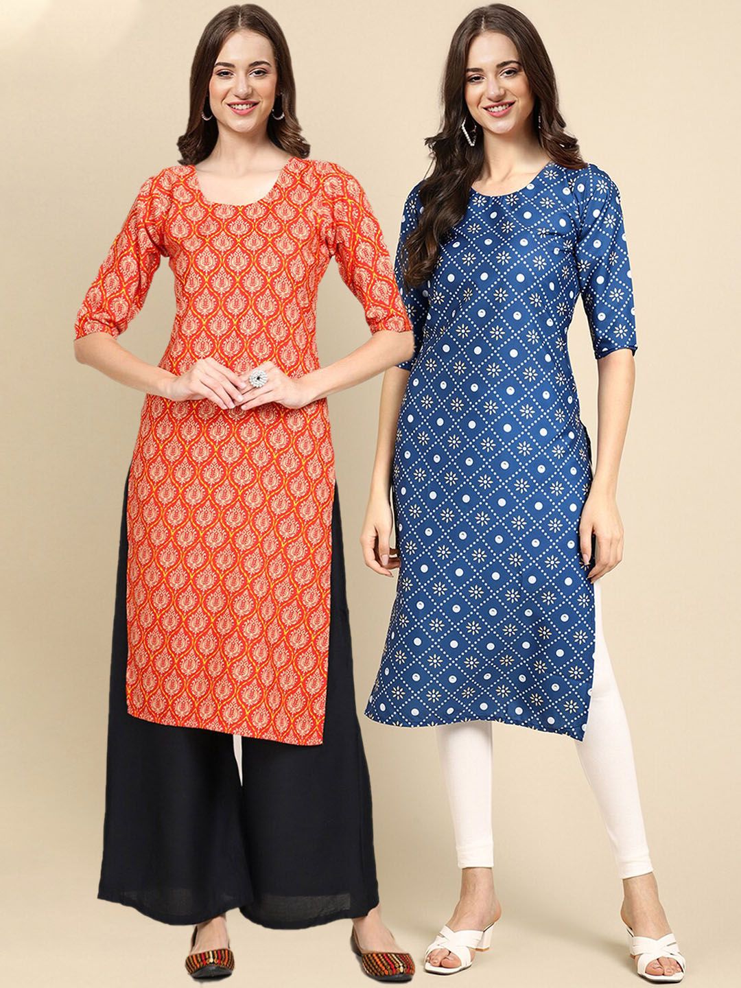 7threads KALINI Women Pack of 2 Blue & Orange Floral Printed Crepe Kurta-picture-34