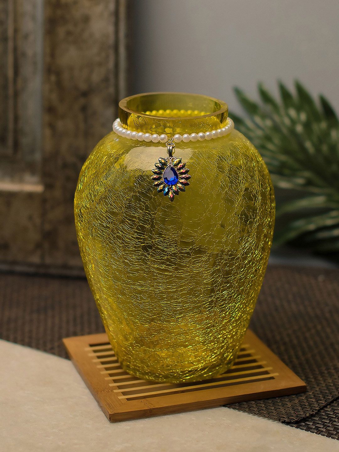 Homesake Yellow Textured Vase Crackle Flower Pot with Brooch Neck-image-10