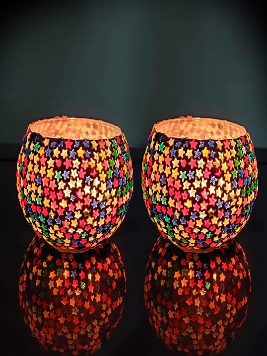 TIED RIBBONS Green Set of 2 Mosaic Glass Tea Light Candle Holders-picture-13