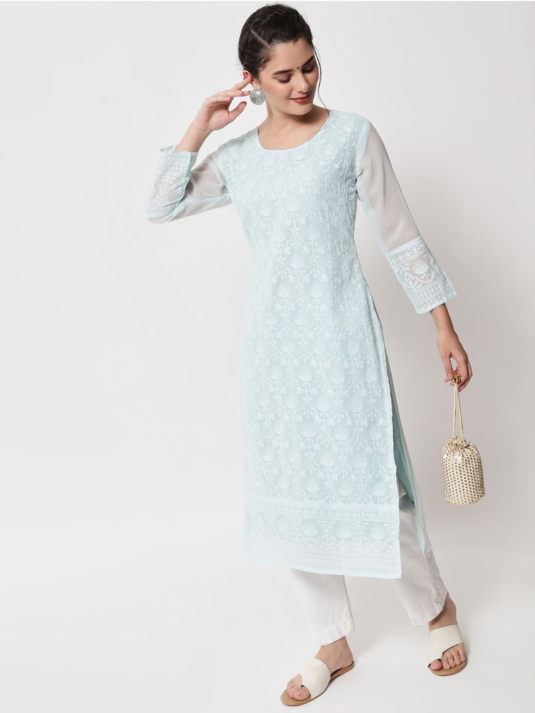 Women Teal & Off White Ethnic Motifs Striped Flared Sleeves Kurta