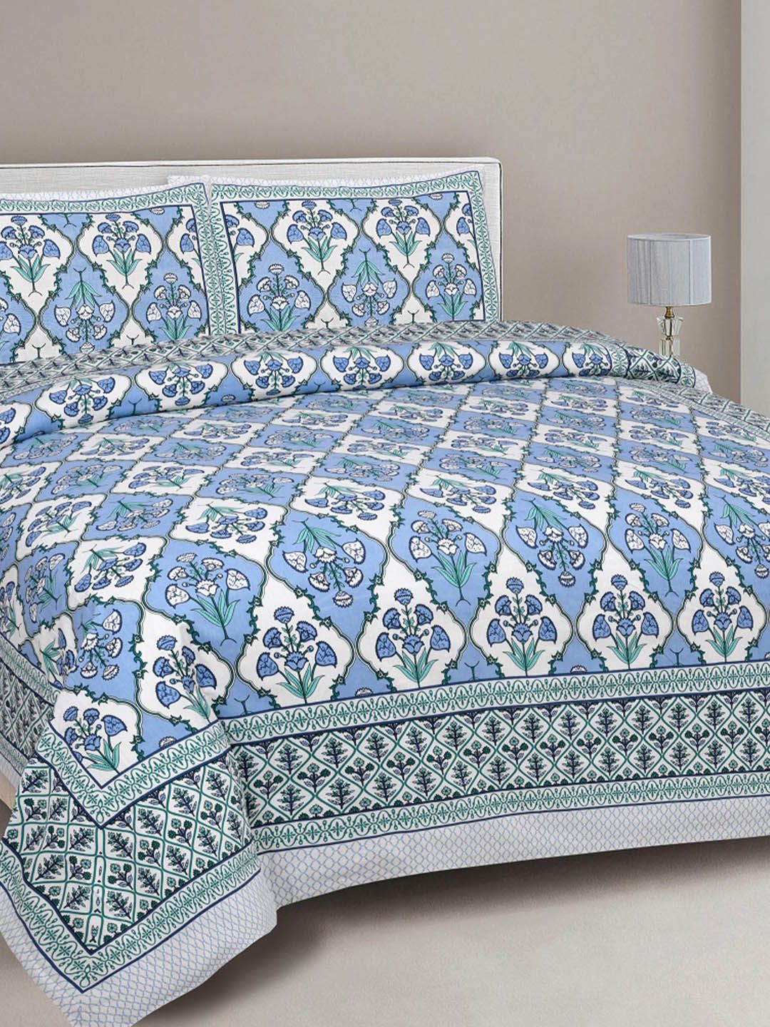 INDHOME LIFE White & Blue Floral 220 TC King Bedsheet with 2 Pillow Covers-picture-15