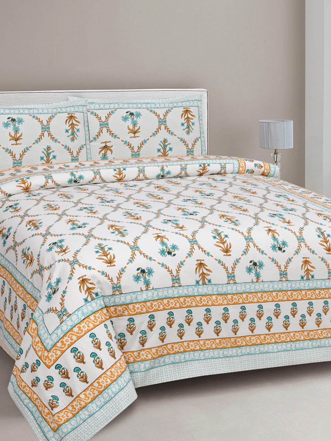 INDHOME LIFE Off White & Blue Floral 220 TC King Bedsheet with 2 Pillow Covers-picture-17