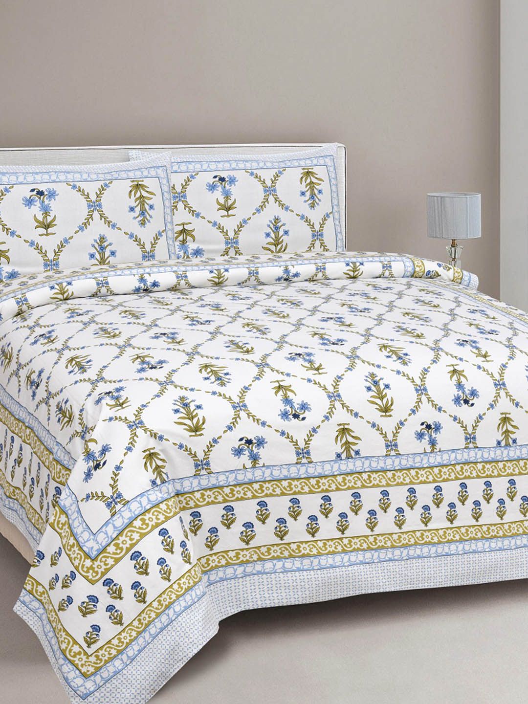 INDHOME LIFE Off White & Blue Ethnic Motifs 220 TC King Bedsheet with 2 Pillow Covers-picture-34
