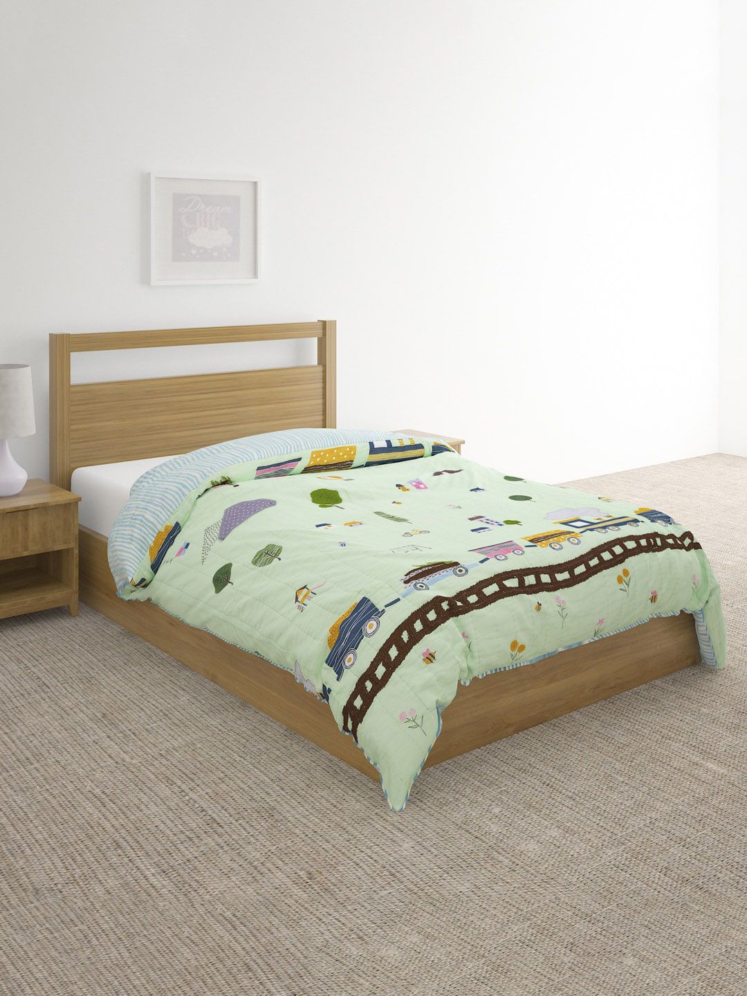 Fabindia Green & Yellow Cartoon Characters Mild Winter Single Bed Quilt-picture-29