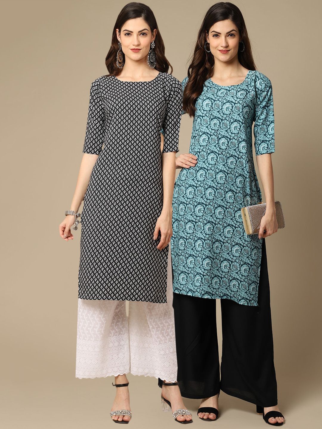 7threads KALINI Women Pack Of 2 Black & Blue Floral Printed Block Print Crepe Kurtas-picture-29