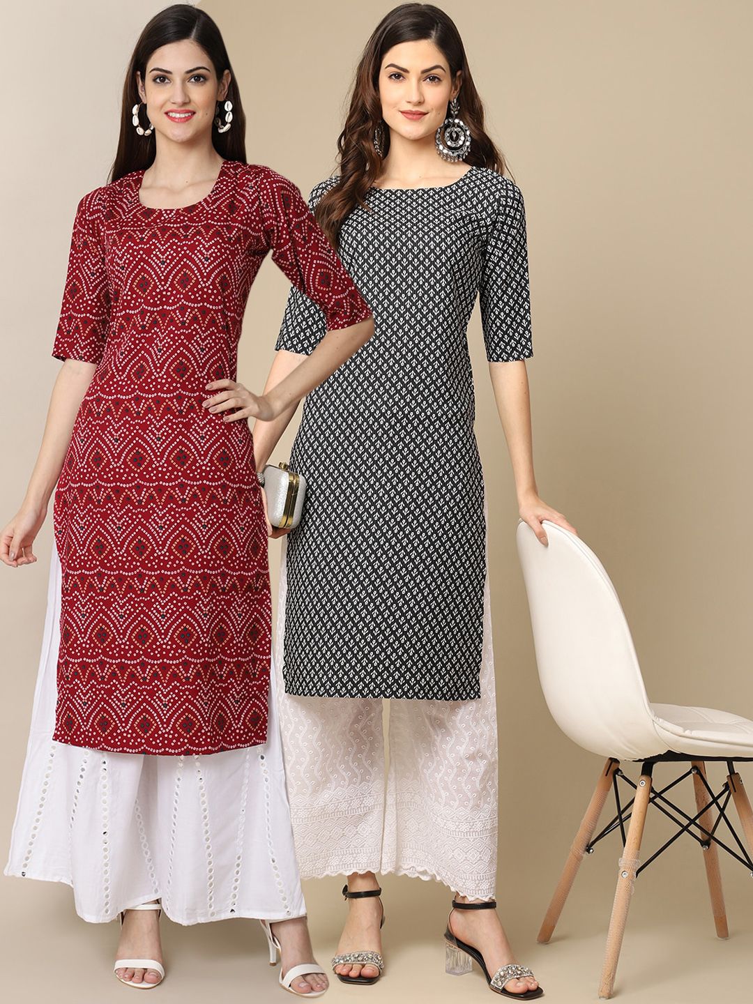 7threads KALINI Women Red & Black Ethnic Motifs Printed Crepe Pack of 2 Kurta-picture-38