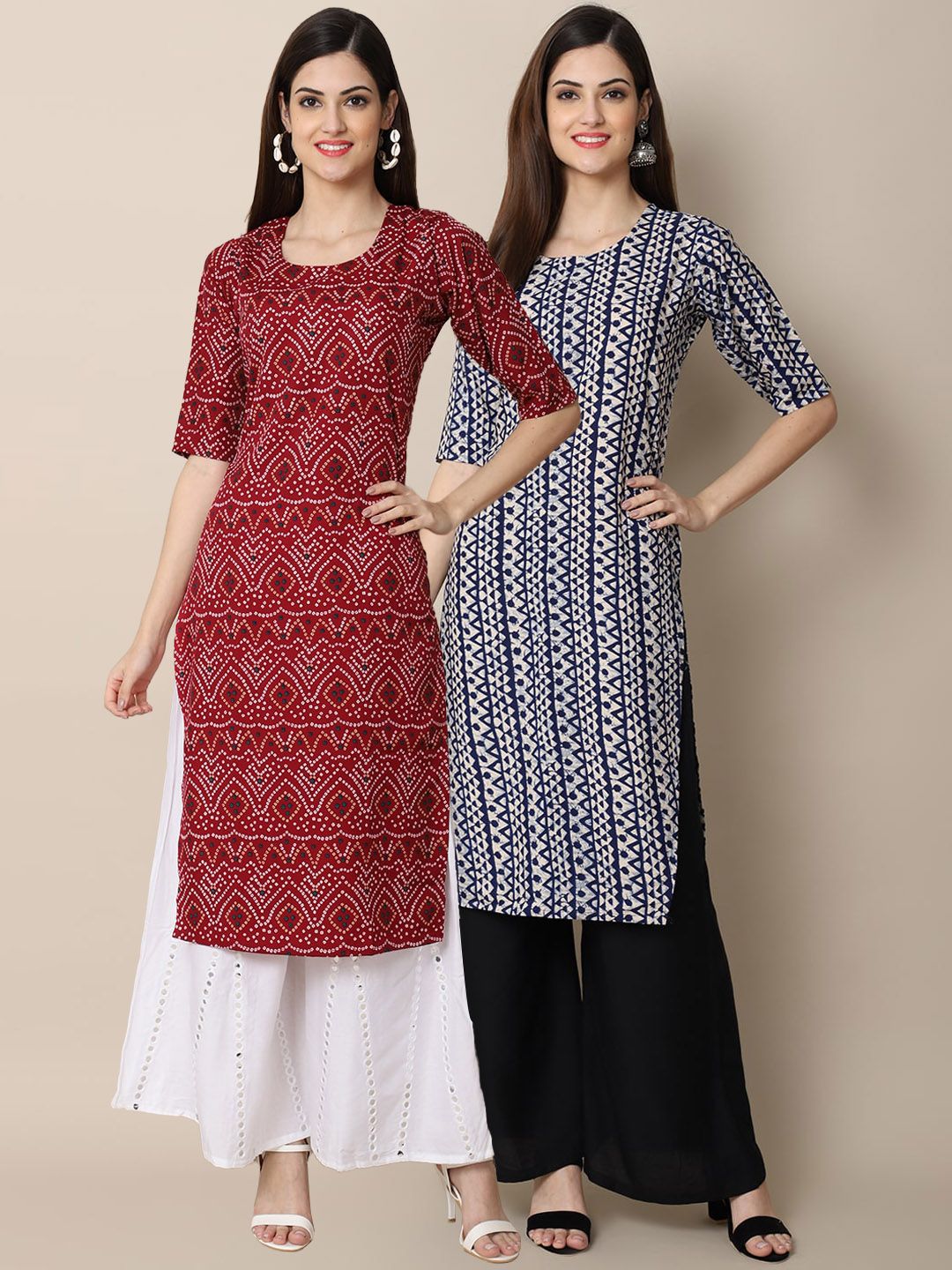 7threads KALINI Women Pack of 2 Red & Blue Ethnic Motifs Printed Crepe Kurta-picture-18