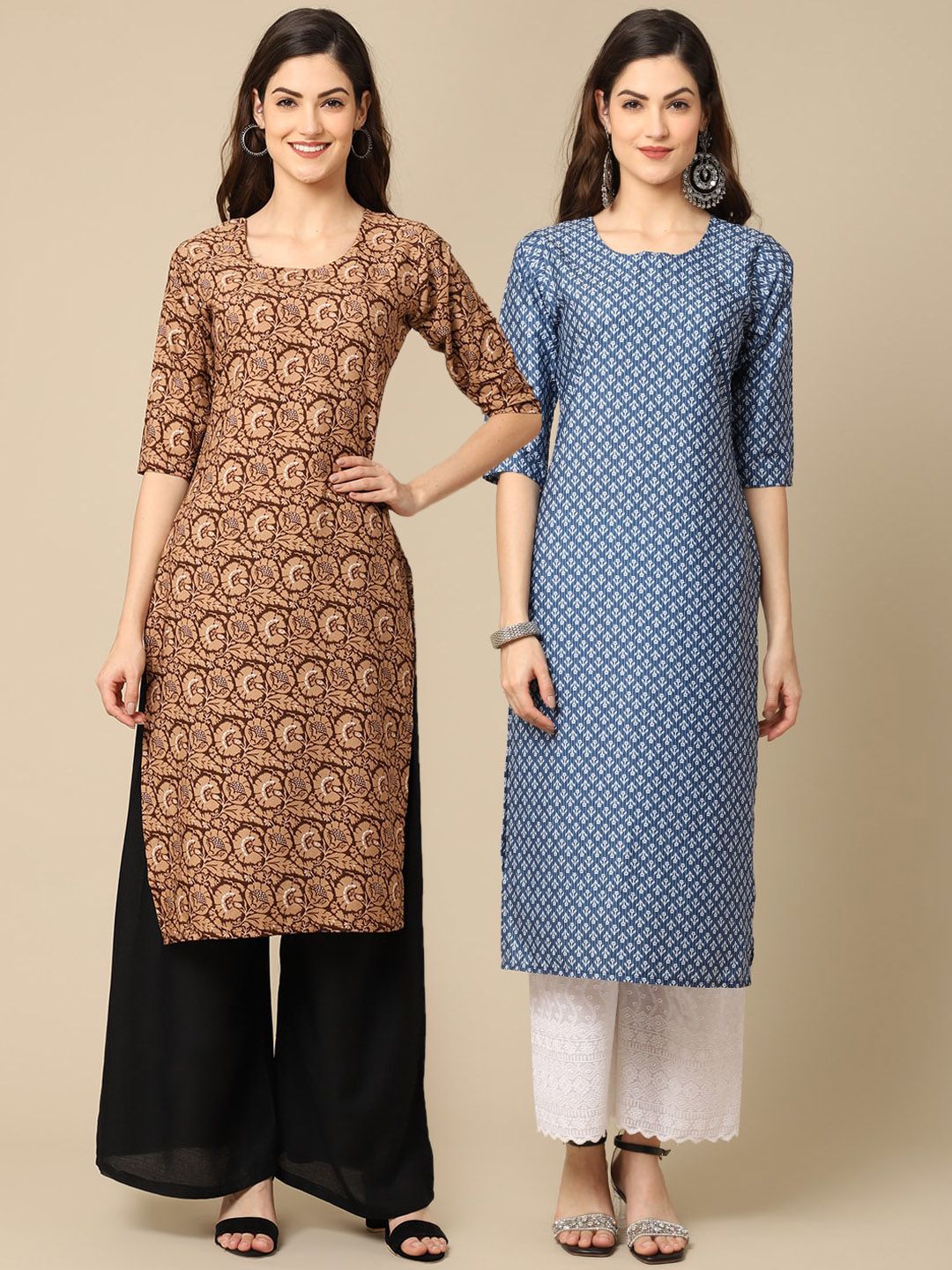 7threads KALINI Women Pack Of 2 Blue & Brown Ethnic Motifs Printed Block Print Crepe Kurta-picture-31