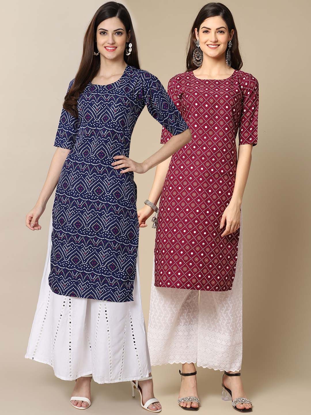 7threads KALINI Women Pack of 2 Blue & Maroon Bandhani Printed Block Print Crepe Kurta-picture-30