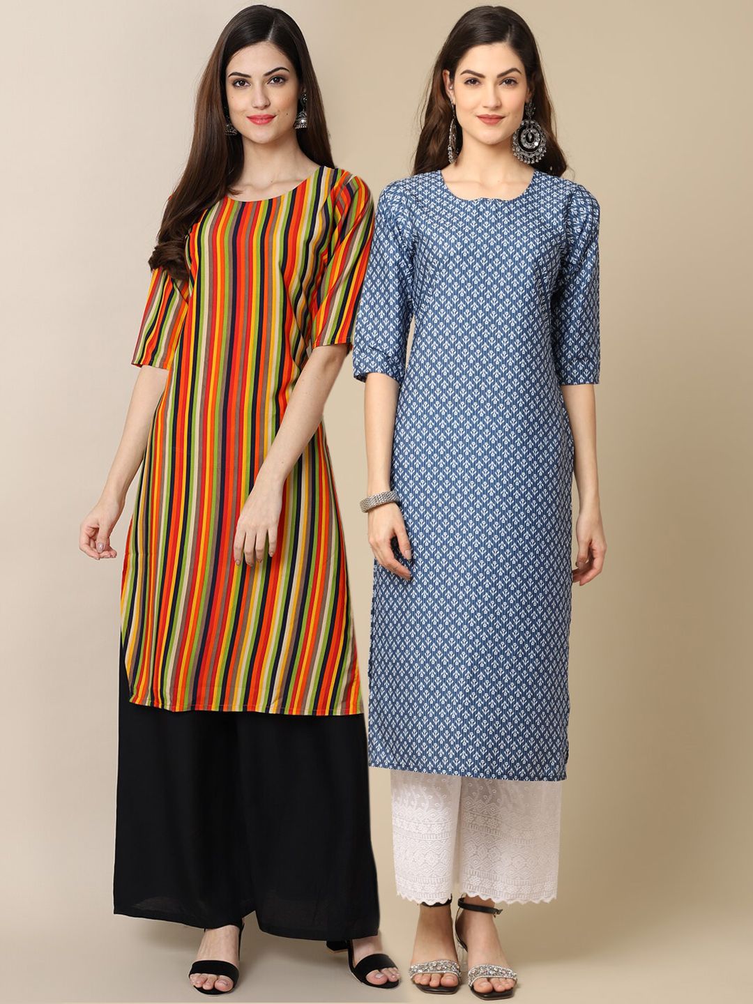 7threads KALINI Women Pack of 2 Red & Blue Digital Printed Crepe Straight Kurtas-picture-21