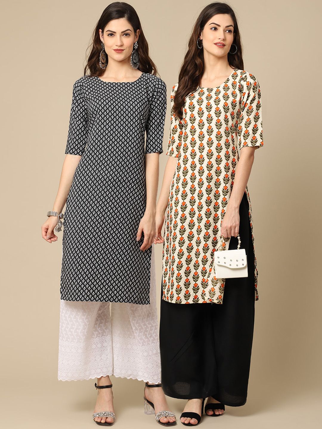 7threads KALINI Women Pack Of 2 Black & Cream-Coloured Geometric Printed Block Print Crepe Kurtas-picture-16