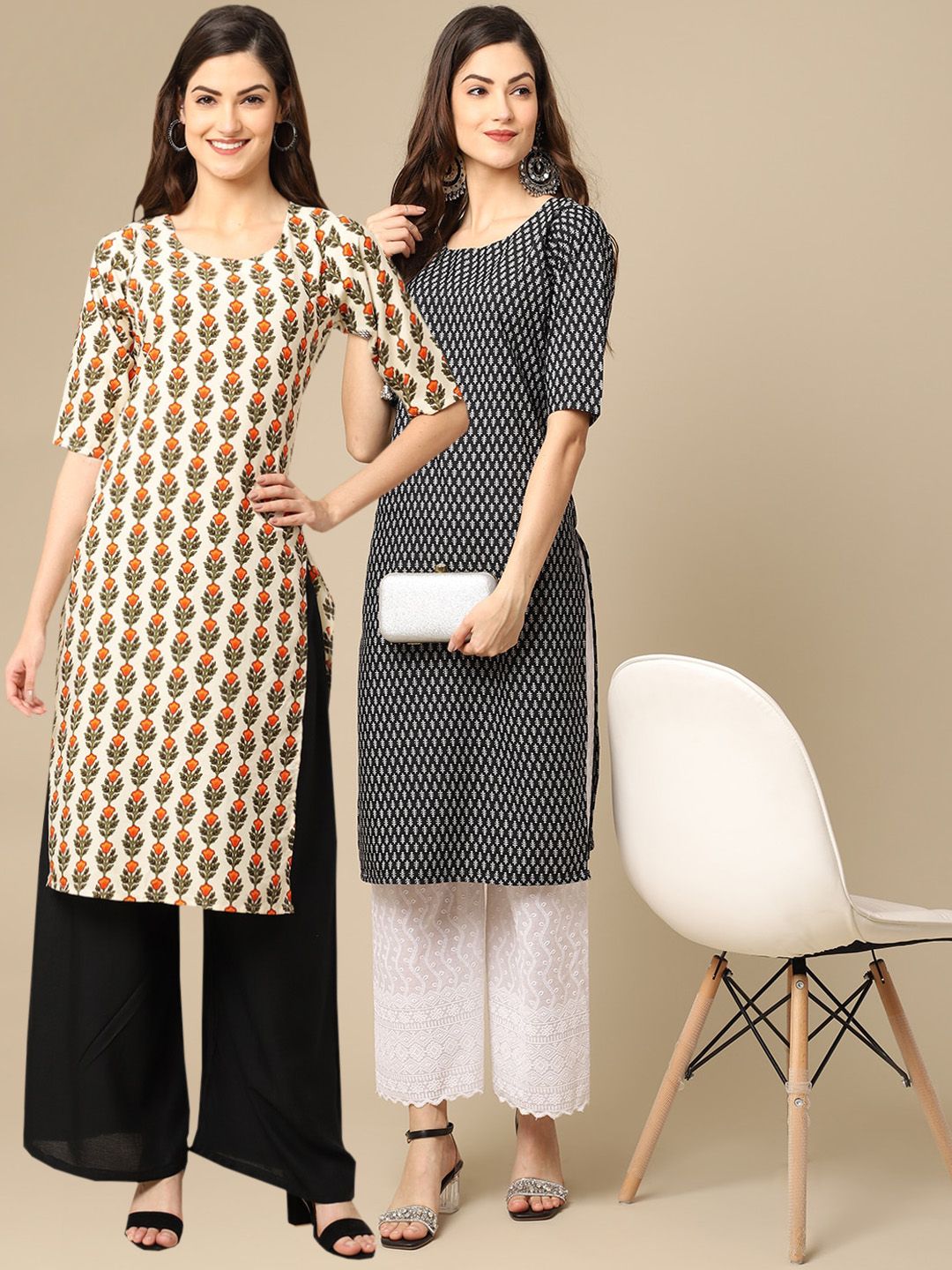 7threads KALINI Women Pack Of 2 Cream-Coloured & Black Ethnic Motifs Printed Crepe Kurta-picture-26