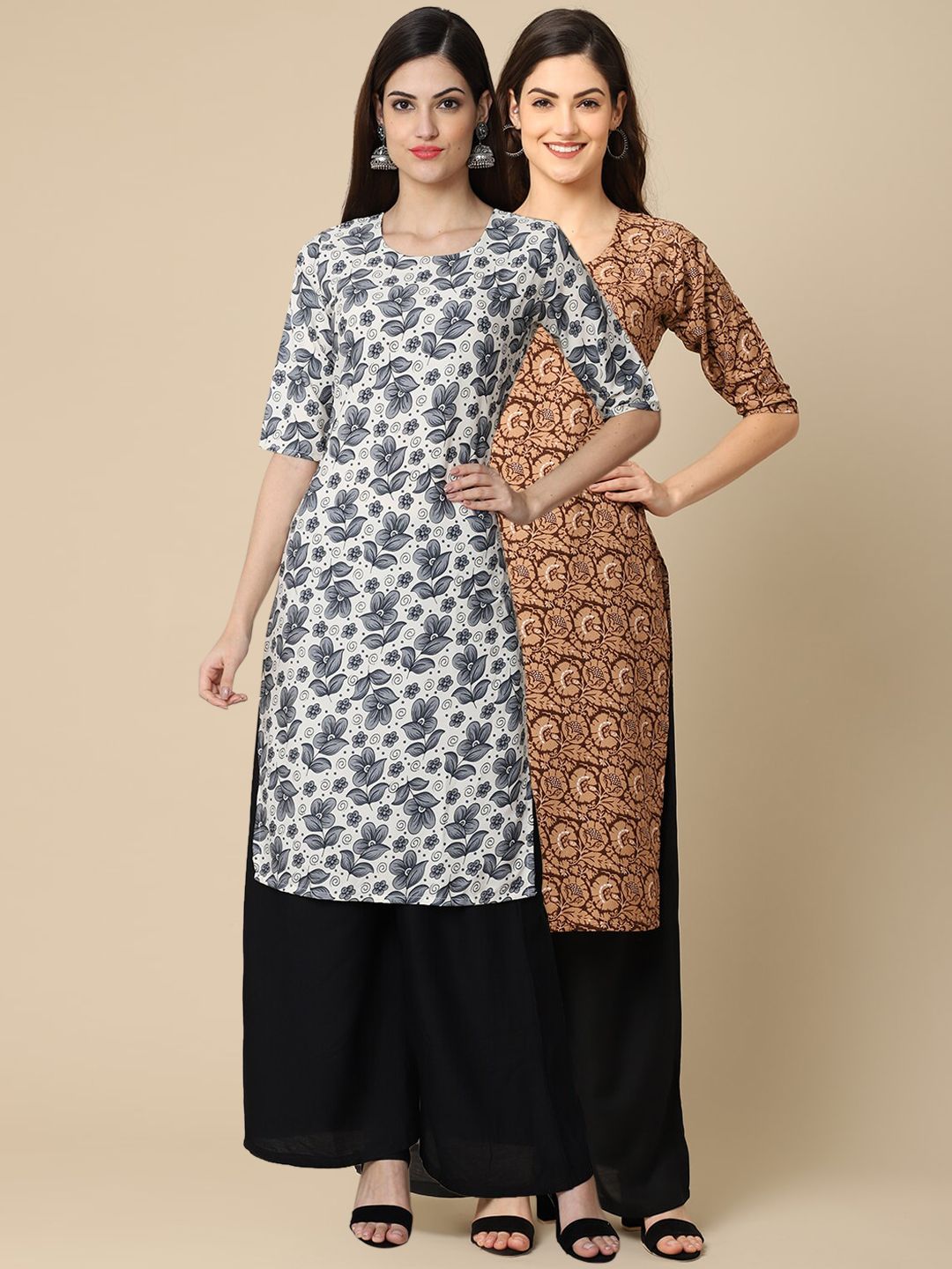 7threads KALINI Women Pack Of 2 White & Black Floral Printed Block Print Crepe Kurtas-picture-21