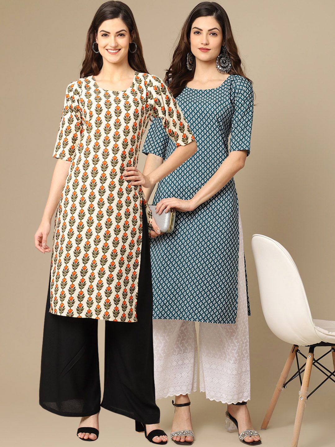 7threads KALINI Women Pack Of 2 Cream-Coloured & Green Ethnic Motifs Printed Crepe Kurta-picture-25