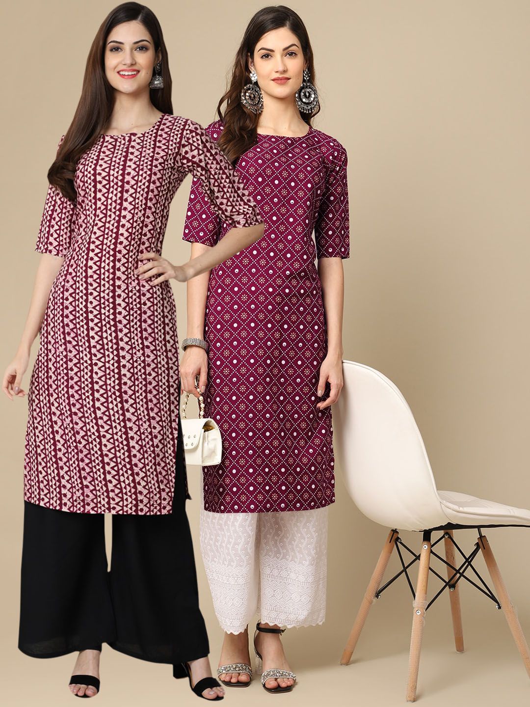7threads KALINI Women Pack Of 2 Maroon & White Geometric Printed Block Print Crepe Kurtas-picture-31