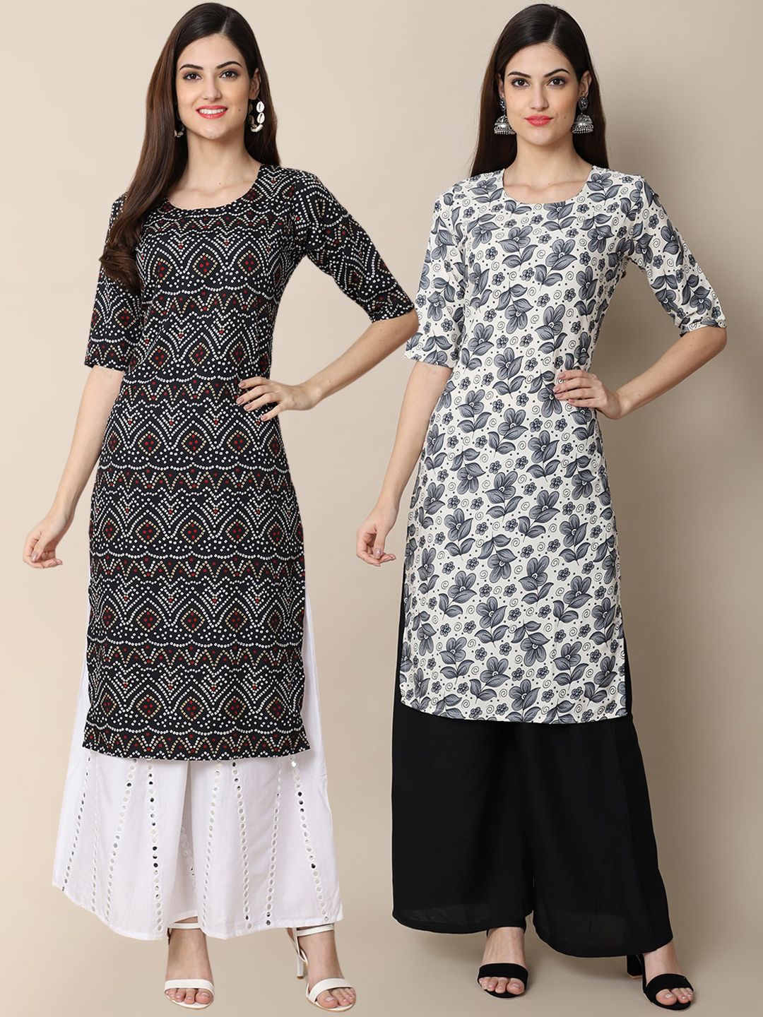 7threads KALINI Women Pack Of 2 Black & White Ethnic Motifs Printed Block Print Crepe Kurta-picture-32