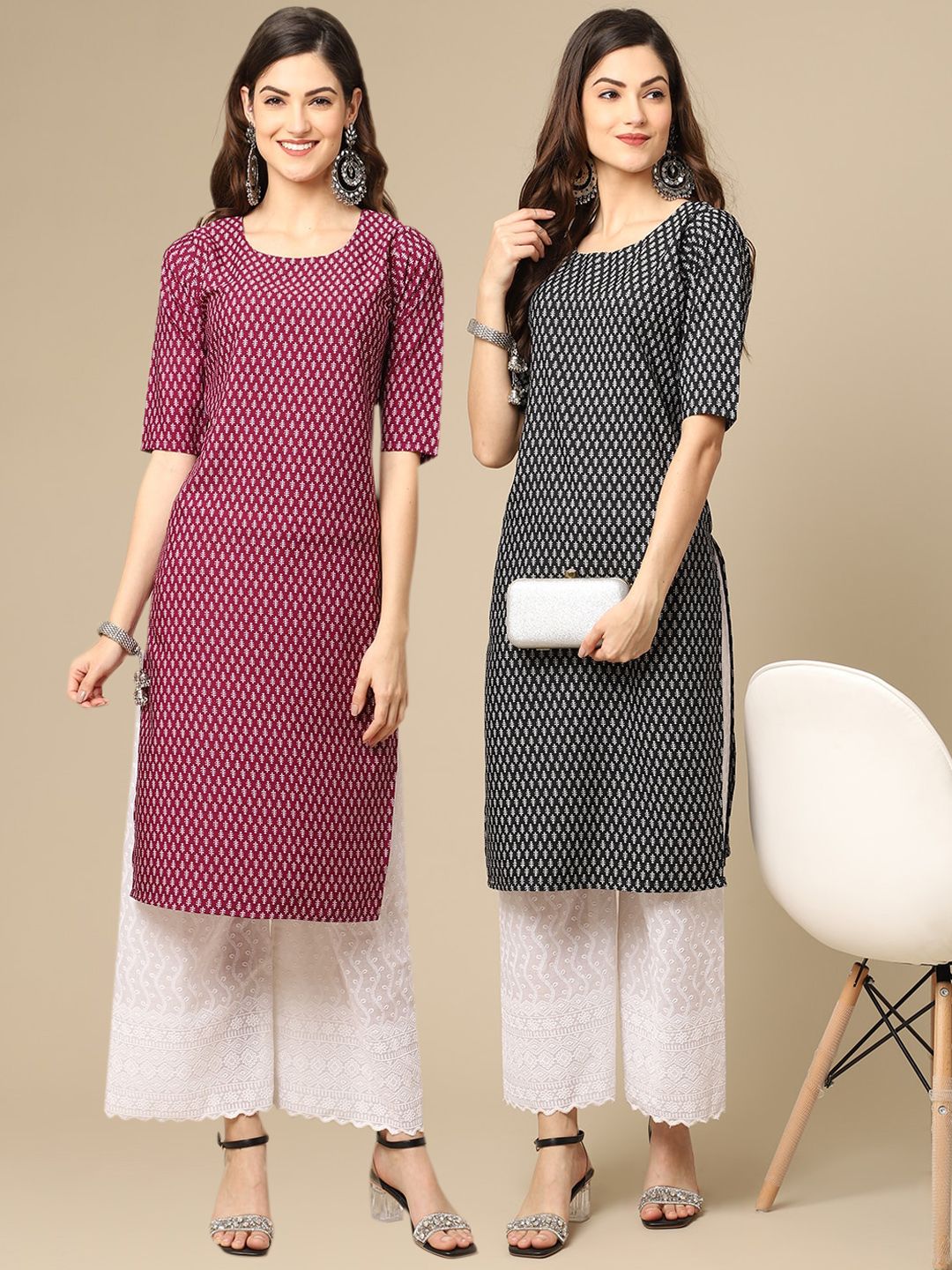 7threads KALINI Women Pack of 2 Pink & Black Digital Printed Crepe Straight Kurtas-picture-26