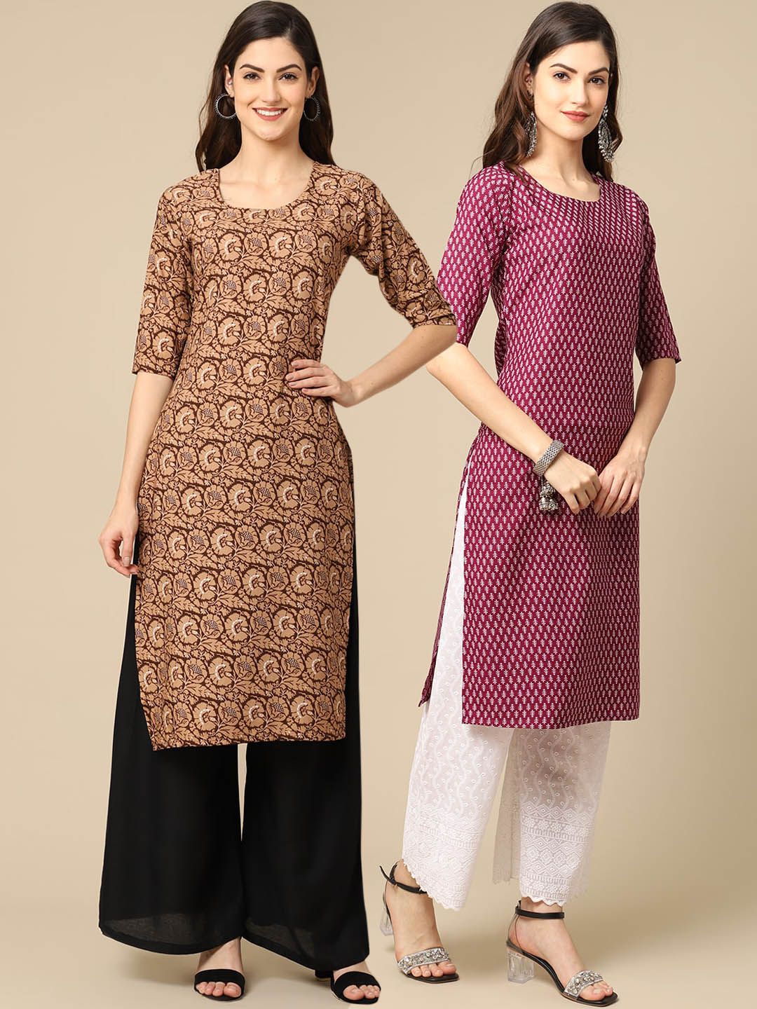7threads KALINI Women Pack of 2 Beige & Burgundy Floral Printed Block Print Crepe Kurta-picture-14